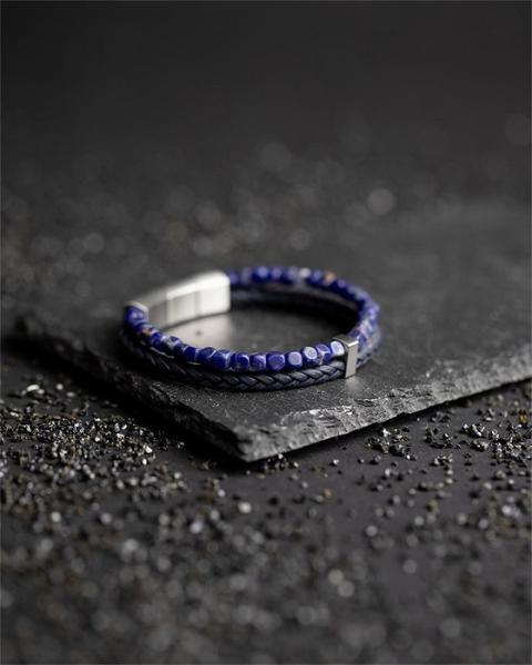 Doppelarmband mit italienischem Leder und 4 mm blauem Sodalith-Stein - Double Blue